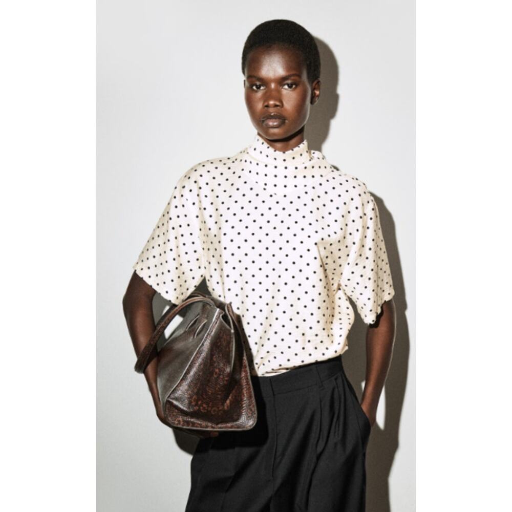 COS Draped Scarf Detail Top Polka Dot Linen Blend Draped Short Sleeve Blouse - Picture 2 of 13